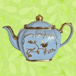 SADLER 30s Vintage Blue Cube Teapot with 24KT Gold Birds